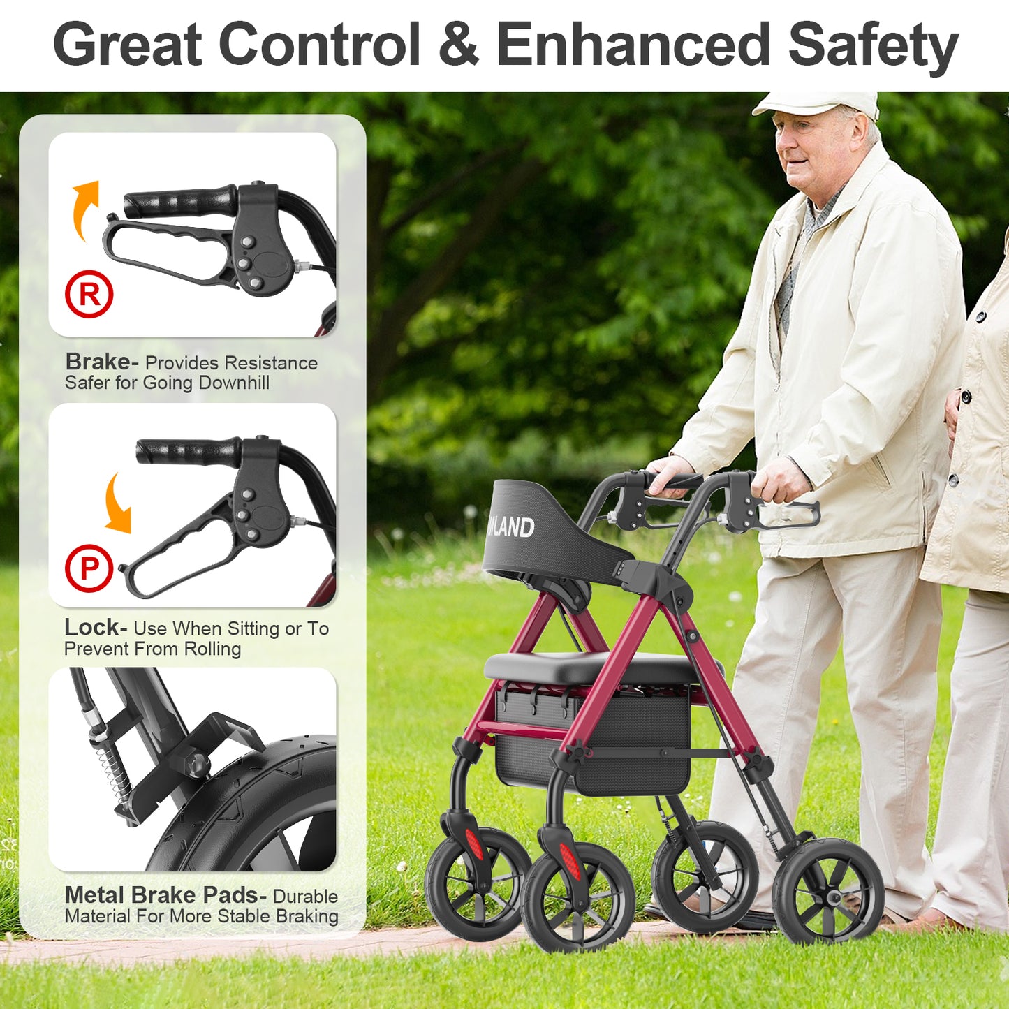 HOMLAND Walkers for Seniors with Memory Foam Seat, 350lb Capacity Heavy-Duty Aluminum Frame Adult Rollator, Foldable Mobility Walker Height-Adjustable 8" Big Rubber Wheels,Red