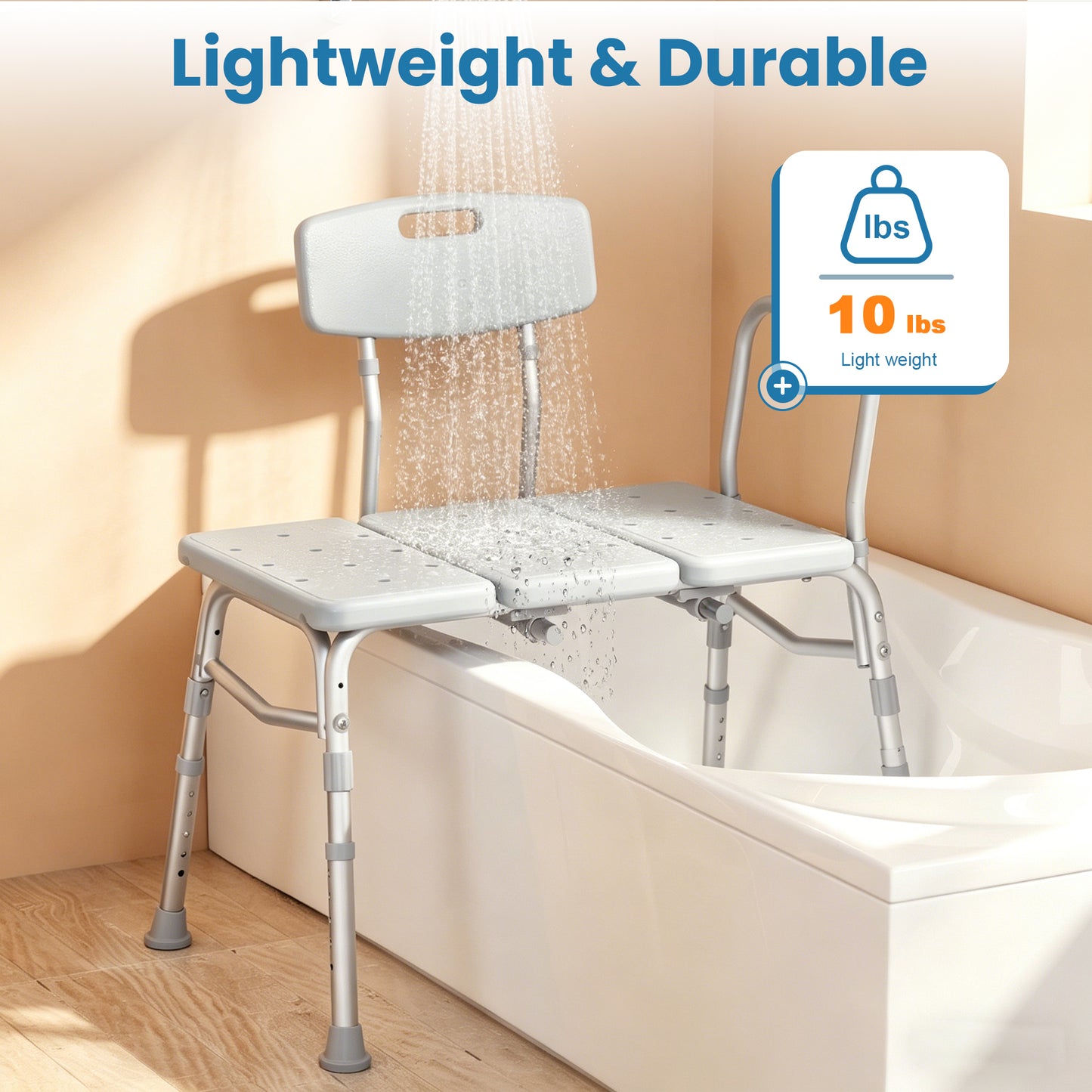 HOMLAND 400 lbs Heavy Duty Tub Transfer Bench, Adjustable Height Shower Chair with Reversible Backrest, Non-Slip Bath Seat for Seniors & Disabled