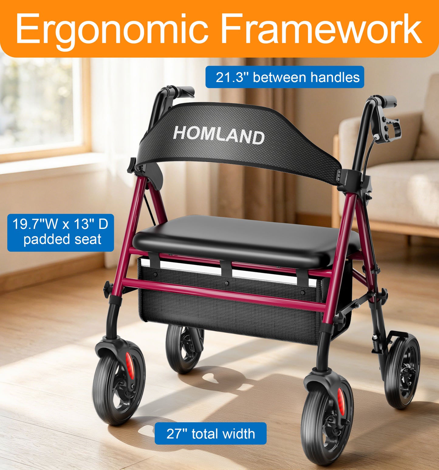 HOMLAND 500lb Bariatric Rollator Walker for Seniors, Heavy-Duty Folding Mobility Aid with 19.7" Extra-Wide Padded Seat, 8" All-Terrain Wheels,Red