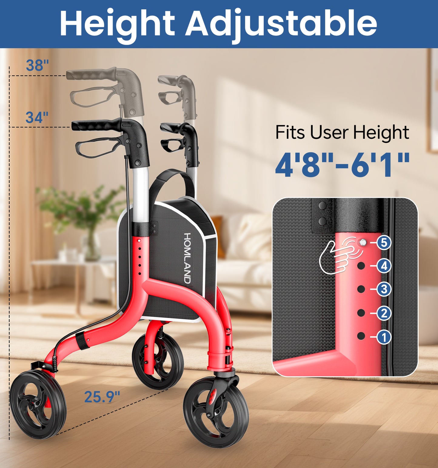 HOMLAND 3-Wheel Folding Walkers for Seniors, Lightweight Three Wheel Walker with Cane and Cup Holder, Height Adjustable Narrow Space Mobility Aid - Red