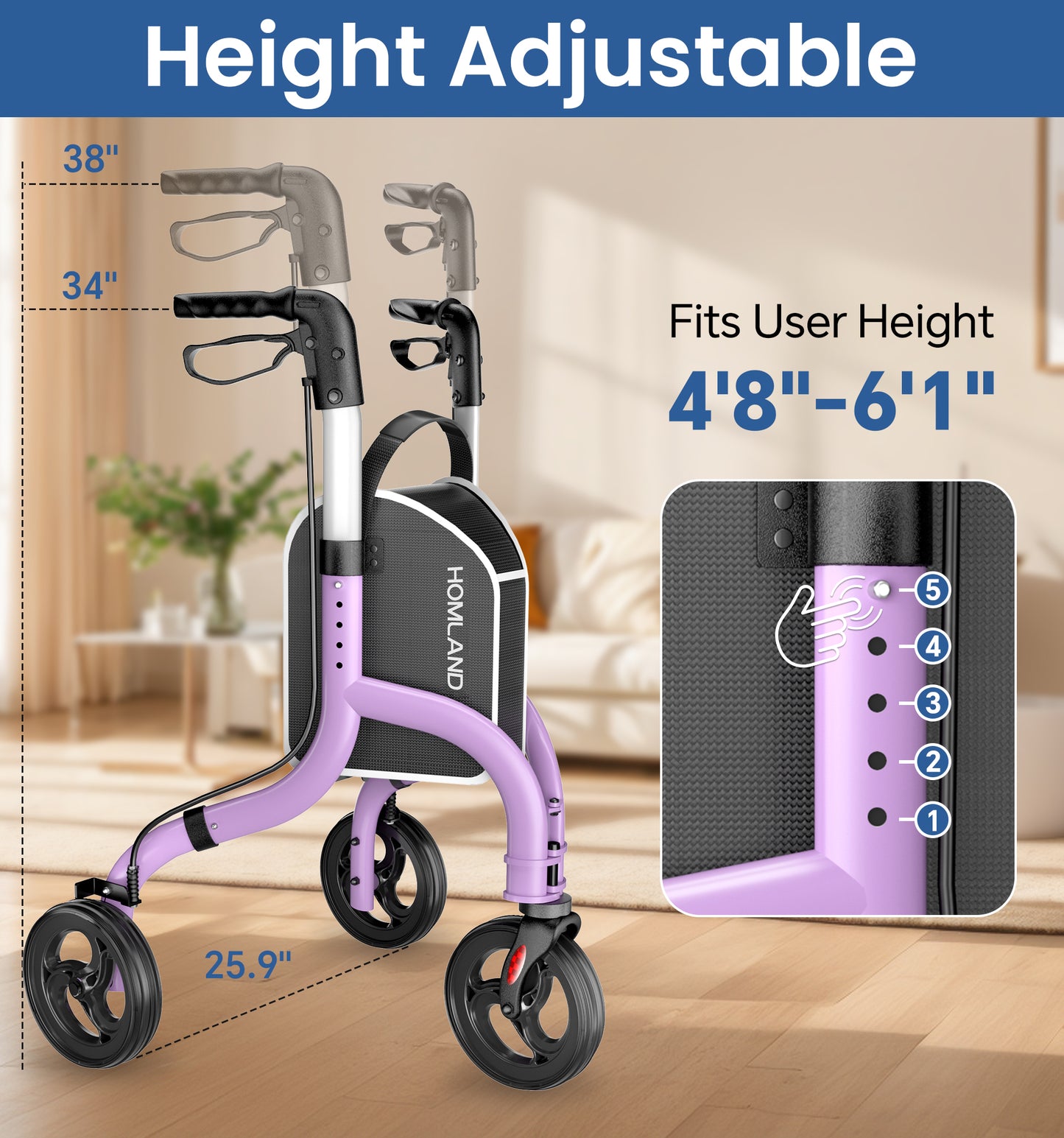 HOMLAND 3-Wheel Folding Walkers for Seniors, Lightweight Three Wheel Walker with Cane and Cup Holder, Height Adjustable Narrow Space Mobility Aid - Purple