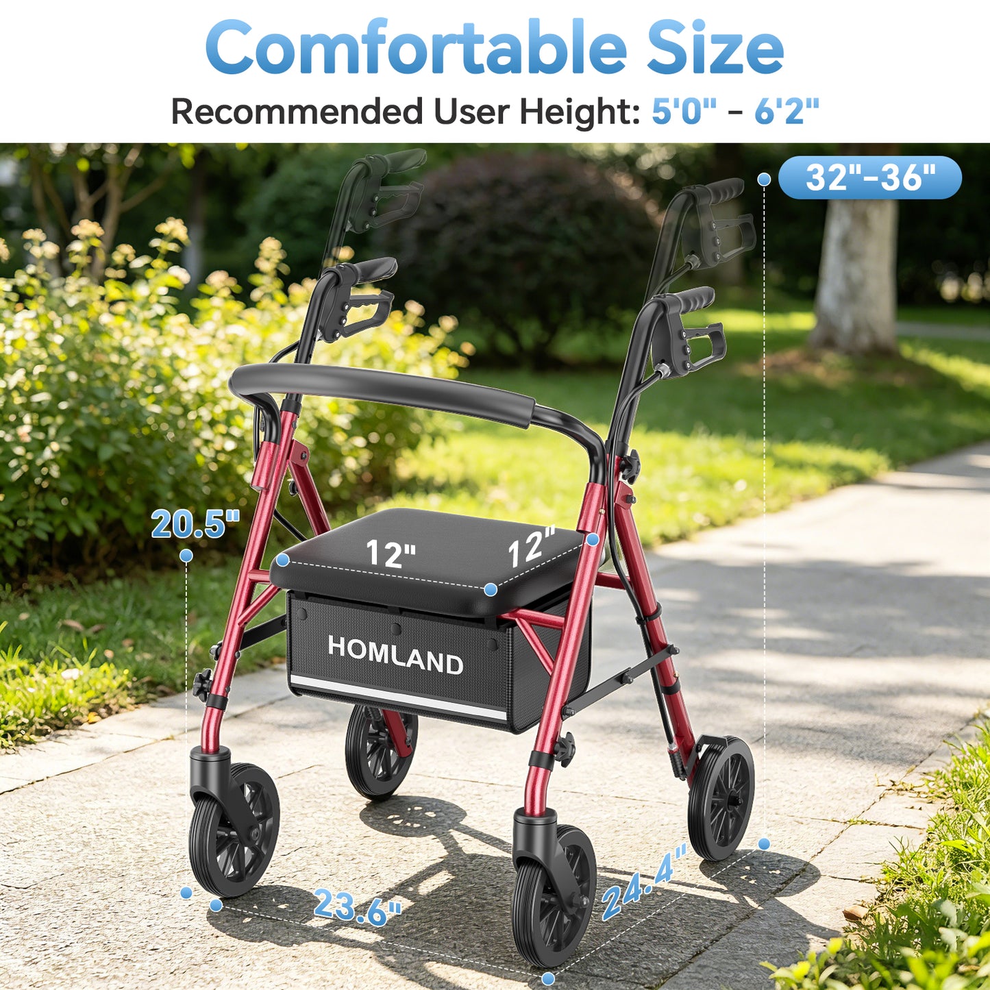 HOMLAND Lightweight 16lb. Rollator Walker for Seniors, 300 lb. Capacity, Folding Mobility Aid with Padded Seat, 6-Inch Puncture-Proof Wheels- Red