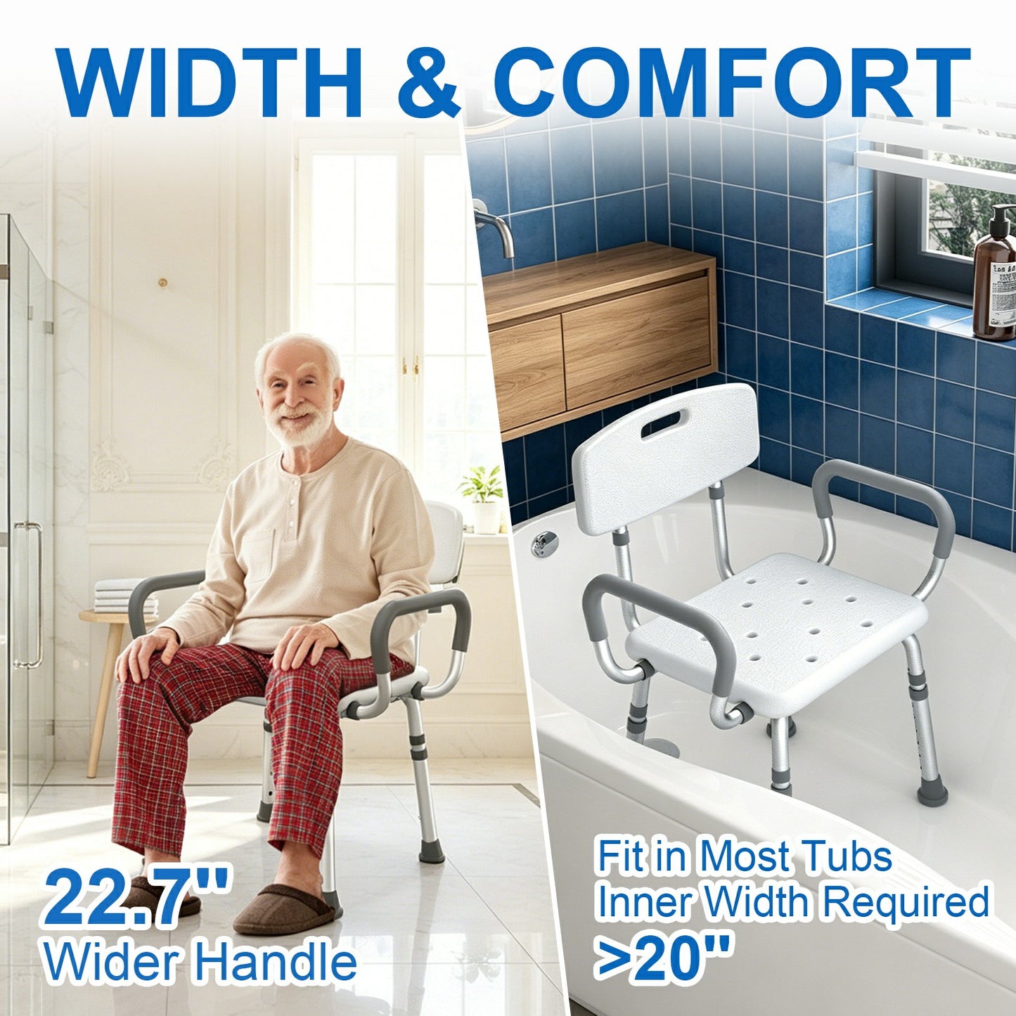 HOMLAND 500 lbs Heavy Duty Shower Chair with Arms and Backrest, 3-in-1 Customizable Bath Seat, Height Adjustable Medical Safety Bench for Seniors & Disabled - White