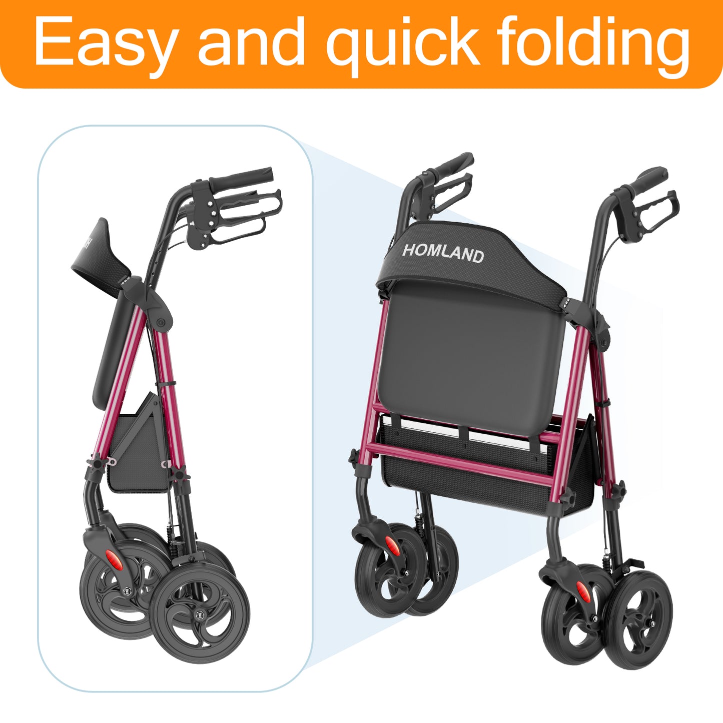 HOMLAND 500lb Bariatric Rollator Walker for Seniors, Heavy-Duty Folding Mobility Aid with 19.7" Extra-Wide Padded Seat, 8" All-Terrain Wheels,Red