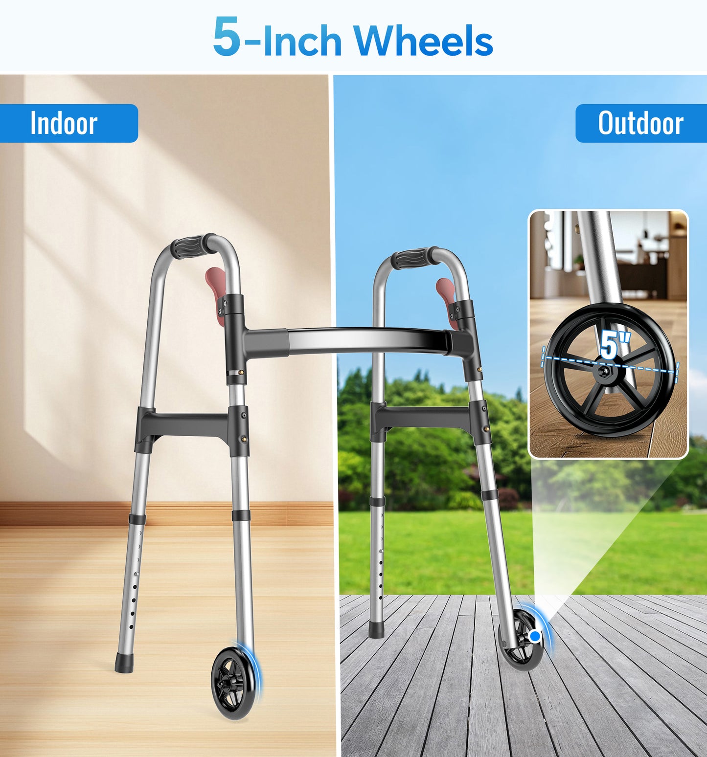 HOMLAND Lightweight Walker for Seniors with 5" Wheels Standard, One-Hand Folding Mobility Aid with 2 Rear Glide Skis, 8-Level Adjustable Height Lightweight Aluminum Frame - Silver