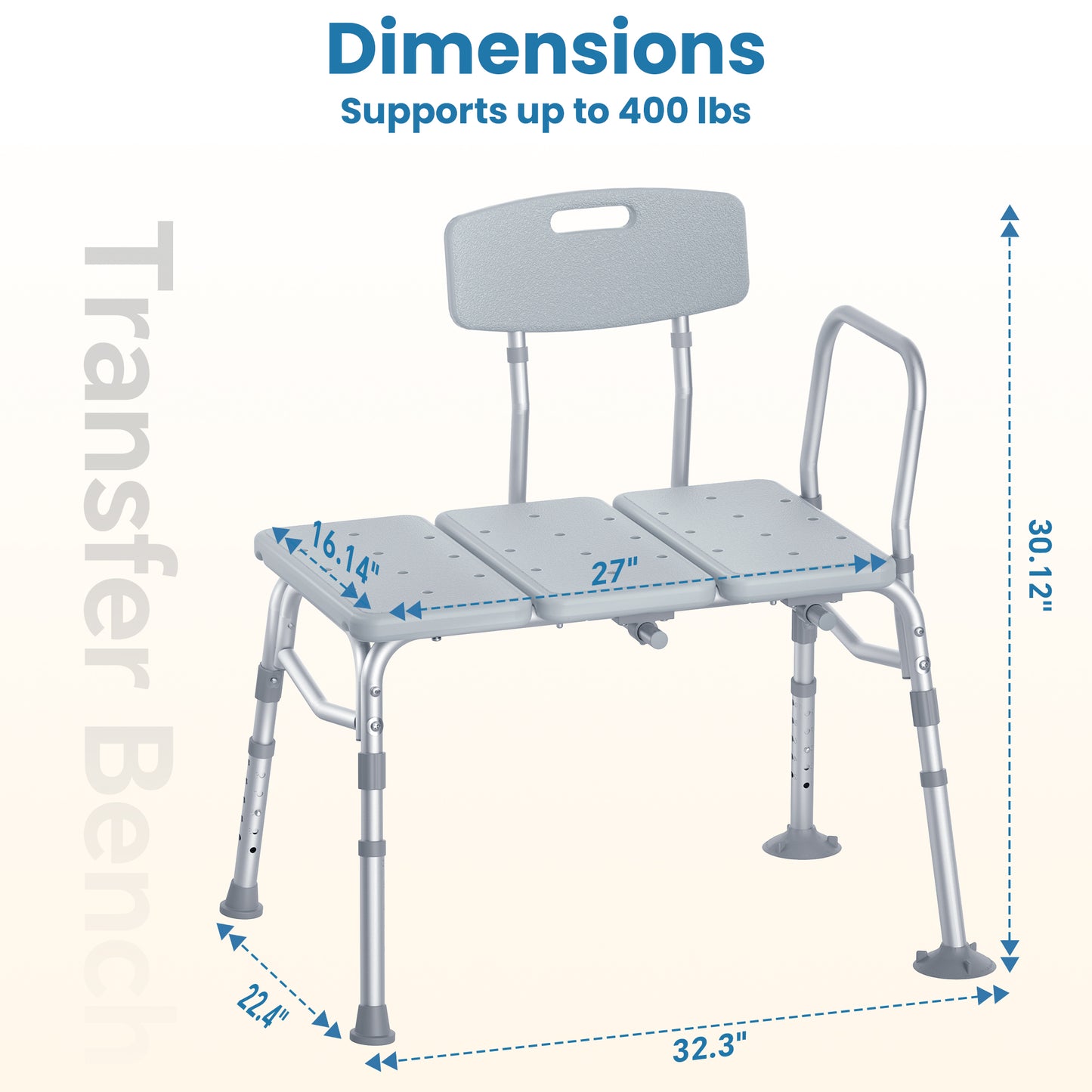 HOMLAND 400 lbs Heavy Duty Tub Transfer Bench, Adjustable Height Shower Chair with Reversible Backrest, Non-Slip Bath Seat for Seniors & Disabled