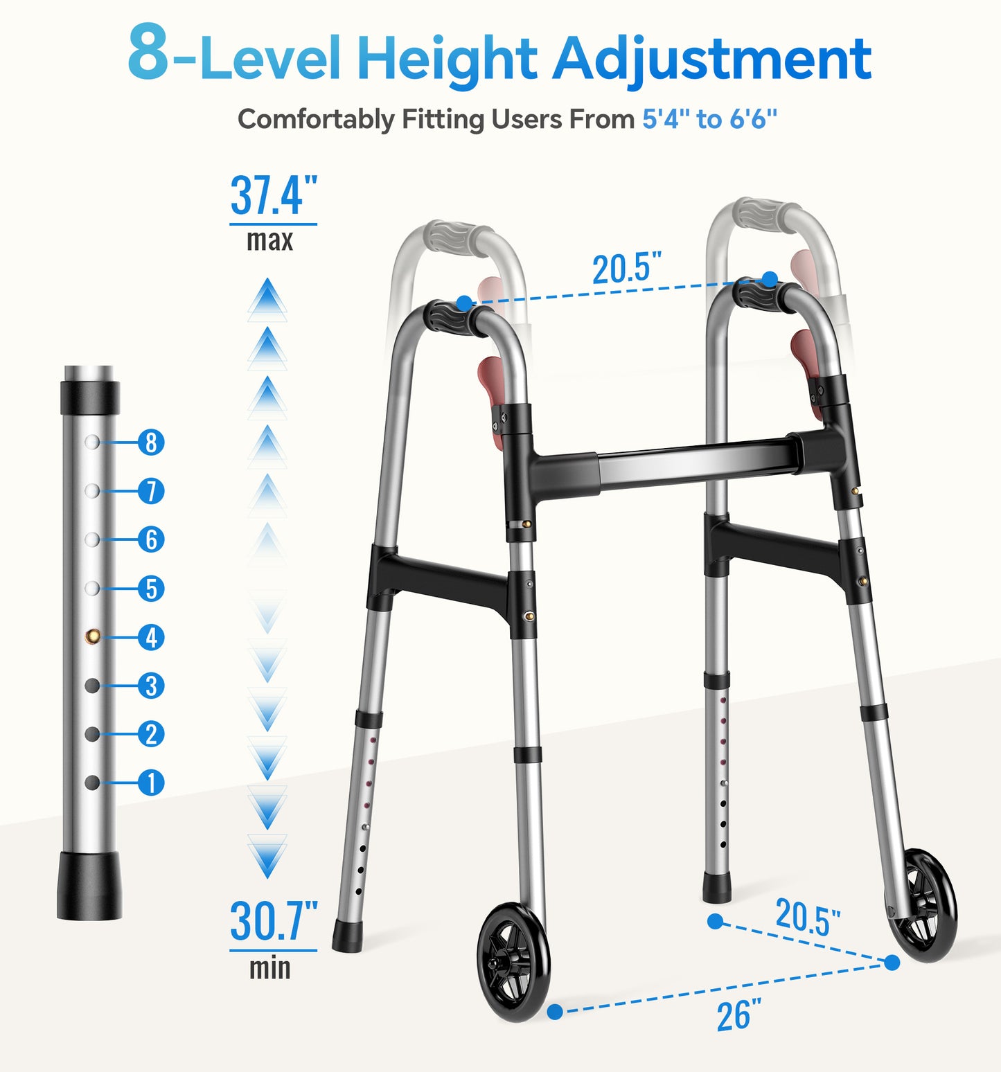 HOMLAND Lightweight Walker for Seniors with 5" Wheels Standard, One-Hand Folding Mobility Aid with 2 Rear Glide Skis, 8-Level Adjustable Height Lightweight Aluminum Frame - Silver