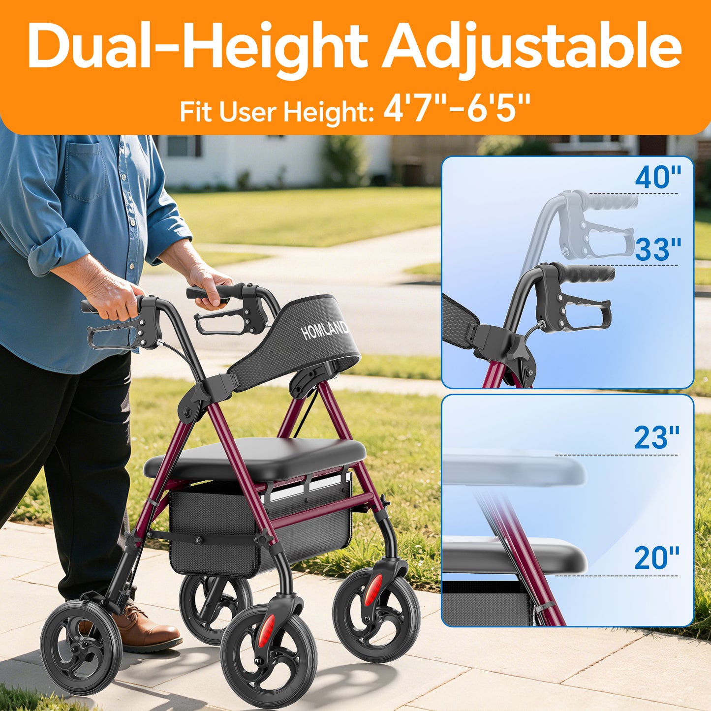 HOMLAND 500lb Bariatric Rollator Walker for Seniors, Heavy-Duty Folding Mobility Aid with 19.7" Extra-Wide Padded Seat, 8" All-Terrain Wheels,Red