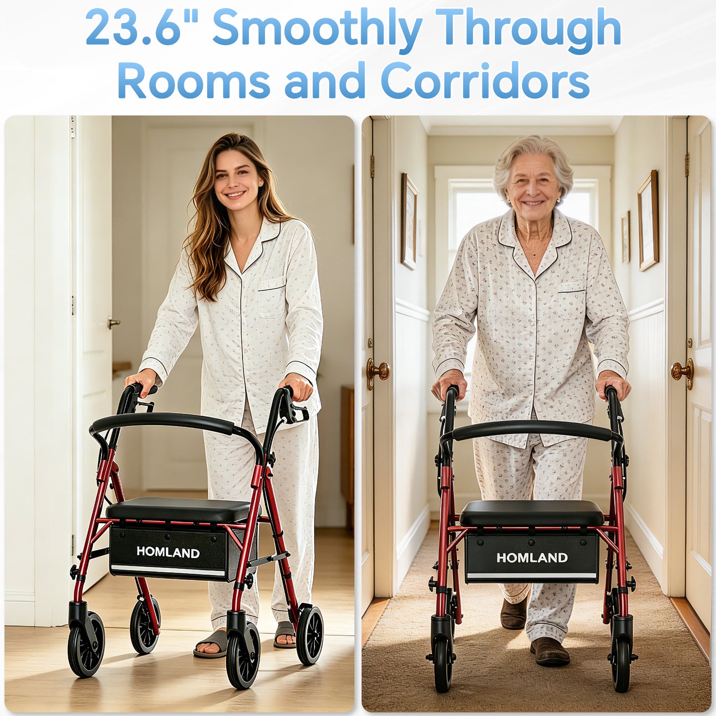 HOMLAND Lightweight 16lb. Rollator Walker for Seniors, 300 lb. Capacity, Folding Mobility Aid with Padded Seat, 6-Inch Puncture-Proof Wheels- Red