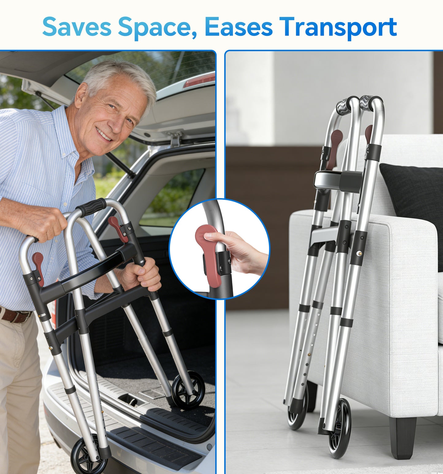 HOMLAND Lightweight Walker for Seniors with 5" Wheels Standard, One-Hand Folding Mobility Aid with 2 Rear Glide Skis, 8-Level Adjustable Height Lightweight Aluminum Frame - Silver
